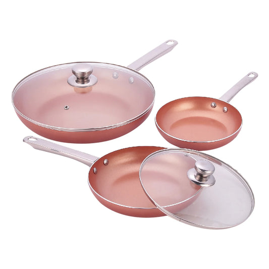Set di 3 padelle con rivestimento antiaderente doppio strato 20, 24 e 28 cm, 2 coperchi in vetro, manico in acciaio, LoLek