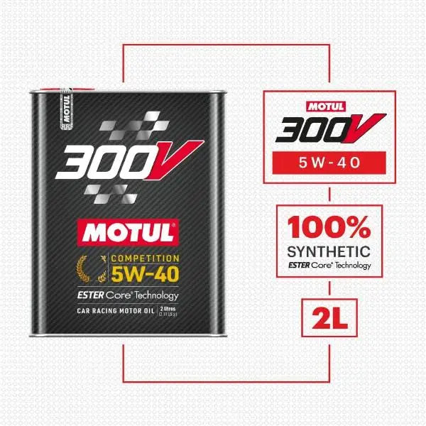 MOTUL 300V Competizione 5W-40 
 Olio motore per auto da corsa 
 Tecnologia Core ESTER ® 
 Contenitore da 2 litri.