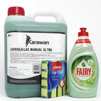 Kit Pulizia Lavastoviglie - Detergente Concentrato Ultra Karawan 5L + Fairy 340ml + Spugne Videla x5 Unità