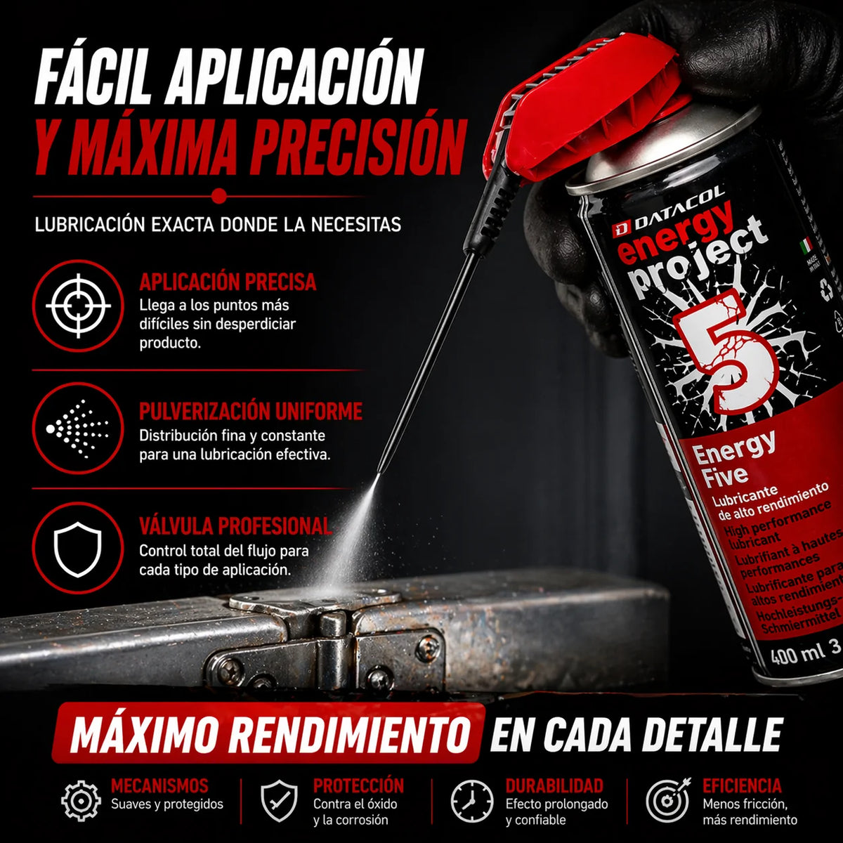Datacol Lubrificante Spray Multiuso 5-in-1, ad Alte Prestazioni e Lunga Durata, Sciogli-grippa Universale, Rimuove la Ruggine e Protegge dalla Corrosione, 400 ml