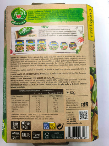 Mandrino per verdure principale 10 unità da 300 g Piatti pronti in 1 minuto, ingredienti vegetali naturali al 100%, senza conservanti, senza additivi e senza glutine.