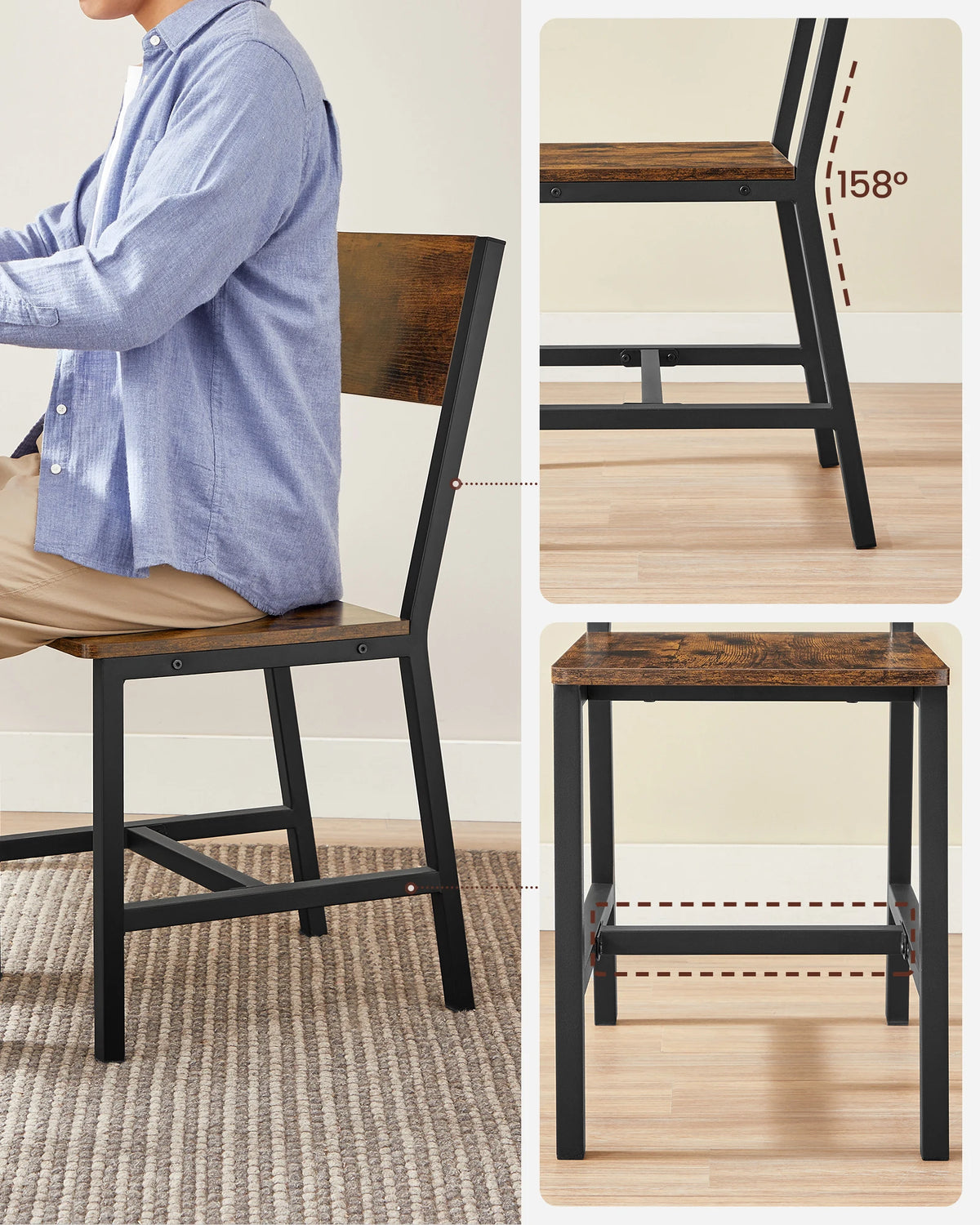 VASAGLE Sedie da pranzo, set di 4, struttura in acciaio, stile industriale, per sala da pranzo, soggiorno, cucina, marrone rustico e nero