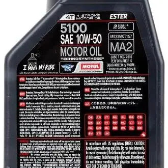 MOTUL 5100 10W-50 4T 
 Lubrificante per motociclette ad alte prestazioni 
 Ricreativo e pendolarismo 
 Tecnosintesi ®   – Esther 
 Contenitore da 1 litro.