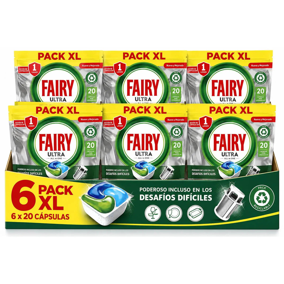 Fairy Ultra All in One Capsule per Lavastoviglie, Confezione da 6 Sacchetti da 20 Capsule (120 Capsule in Totale), Detergente in Capsule con Azione Pulente in 1 Lavaggio, Potente contro lo Sporco Difficile e il Grasso