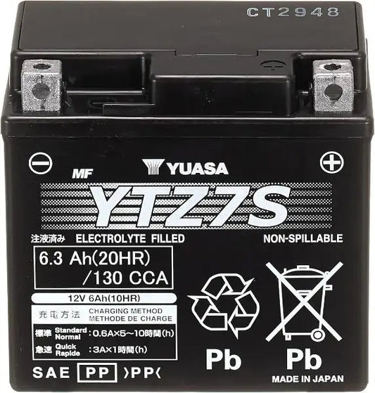 Batteria per moto YUASA YTZ7S 
 12V 6.3Ah 130Amp. AGM .. 
 Gamma YTZ ®   Alte prestazioni senza manutenzione. 
 Misure: 
 Lunghezza 	 113 mm 
 Larghezza 	 70 mm 
 Altezza 	 105 mm