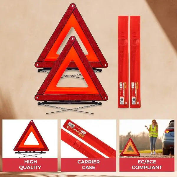 Set di 2 triangoli riflettenti pieghevoli omologati ECE per segnalazione stradale.