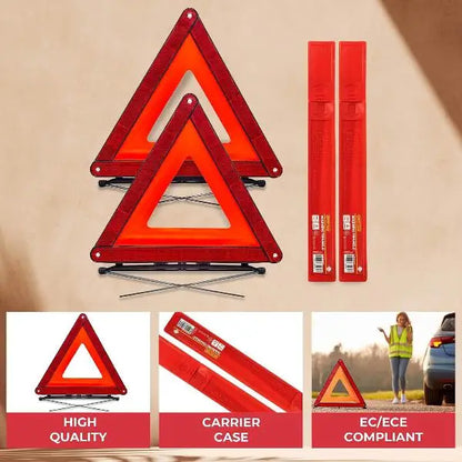 Set di 2 triangoli riflettenti pieghevoli omologati ECE per segnalazione stradale.