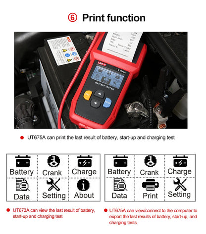 UNI-T Tester batteria per auto UT673A UT675A 12V 24V DC Tester di carico Misuratore di capacità Controllo batteria Test di avviamento del circuito di ricarica
