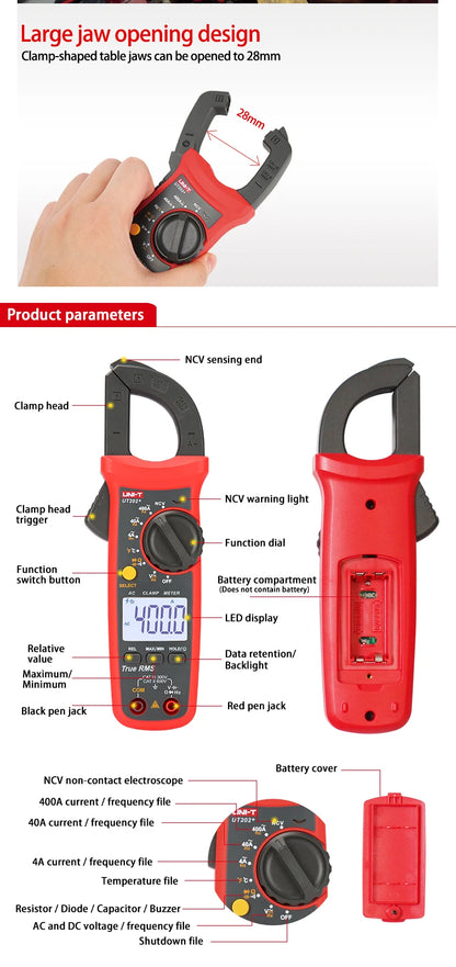 UNI-T Pinza amperometrica UT201 UT202 UT202A UT203 UT204 Plus Tester digitale Voltmetro professionale Pinza Amperometro Multitester elettrico