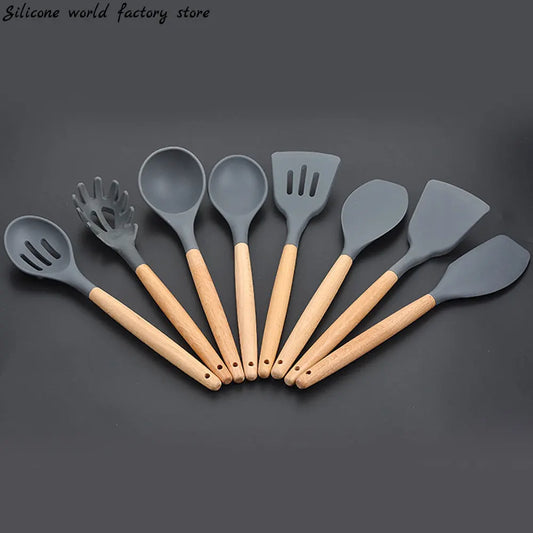 Utensili da Cucina in Silicone con Manico Multifunzione in Legno, Spatola, Cucchiaio e Pennello Antiaderenti