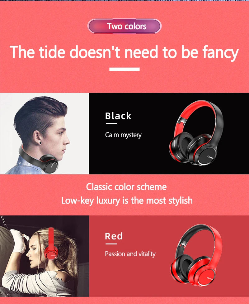 Lenovo HD200 Auricolari Bluetooth Over-ear Cuffie wireless pieghevoli per computer Cancellazione del rumore Cuffie da gioco stereo HIFI