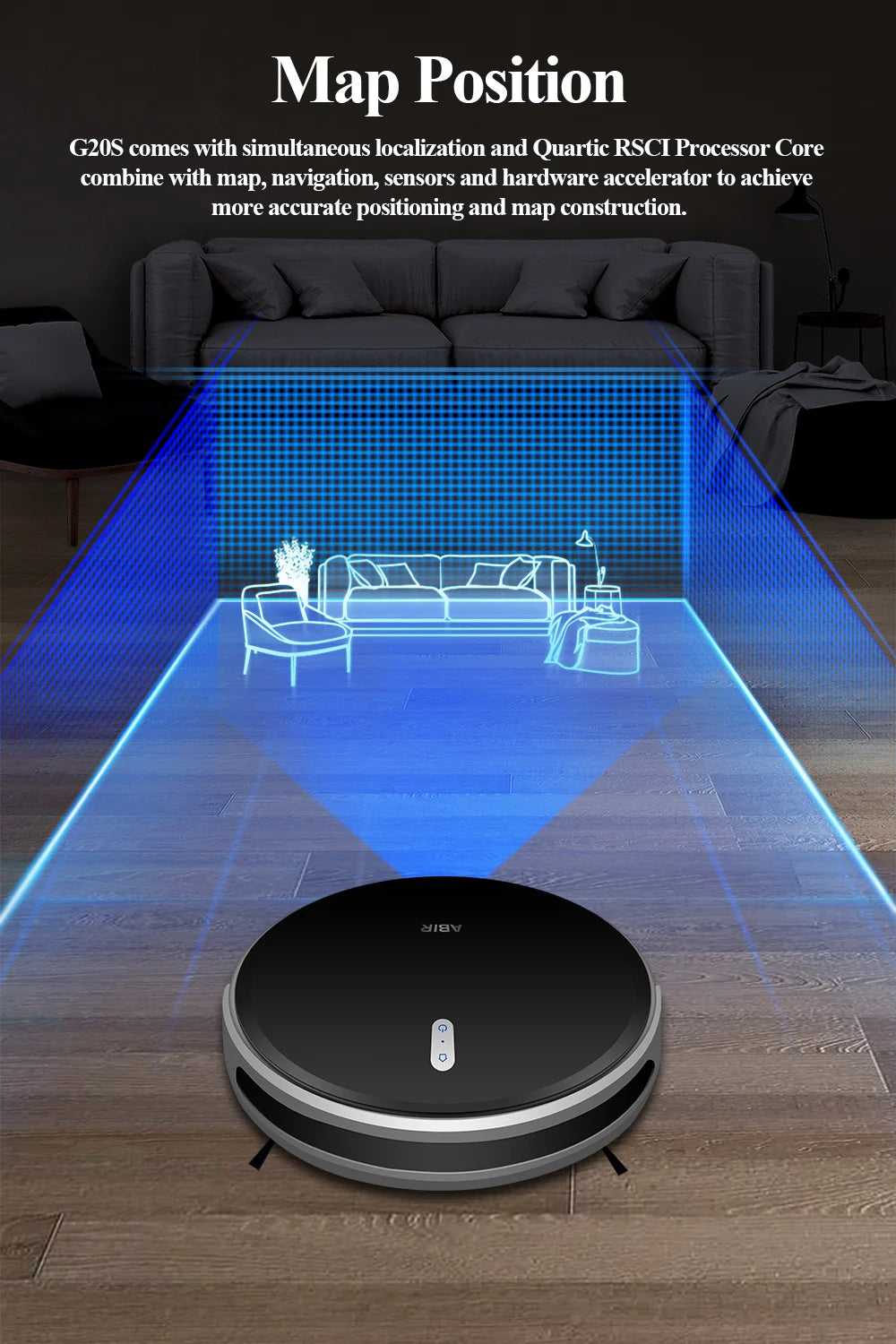 Robot Aspirapolvere ABIR G20S, Navigazione mappa AI,partizione super intelligente,con memoria, app WiFi, forte aspirazione 6000Pa, lavaggio intelligente a umido, disinfezione, funziona con Alexa e Google Assistant