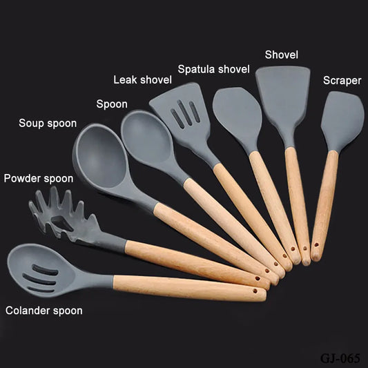 Utensili da Cucina in Silicone con Manico Multifunzione in Legno, Spatola, Cucchiaio e Pennello Antiaderenti