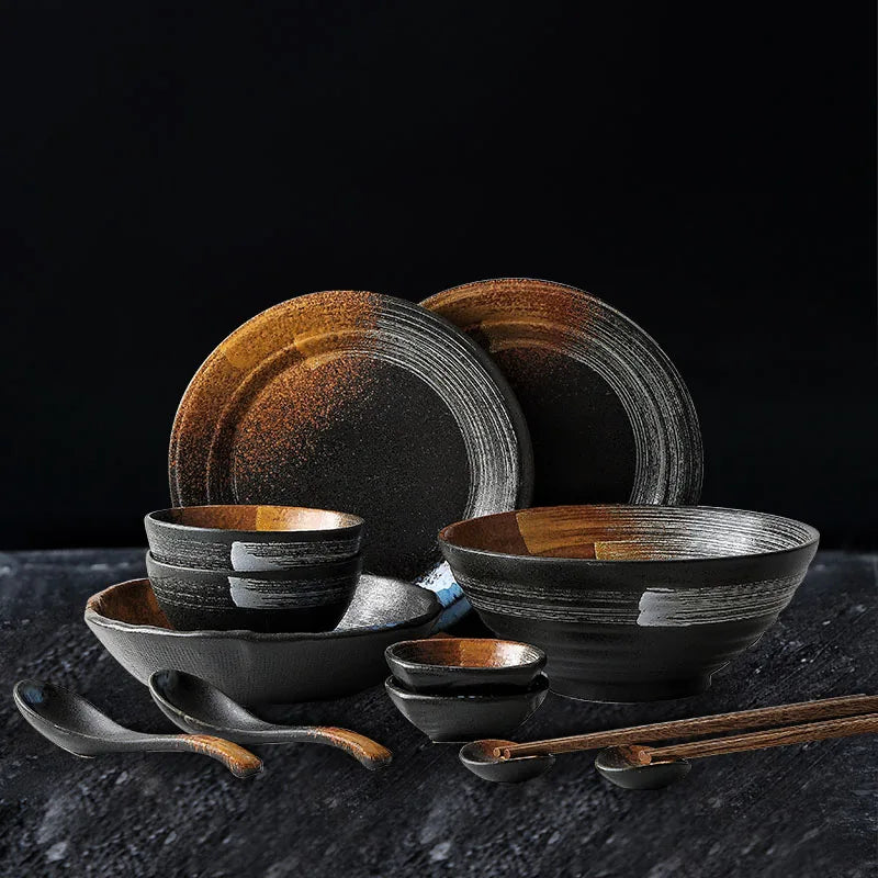 ANTOWALL Giapponese Set di Cena di Ceramica Retrò Giapponese Set Da Tavola Frosted Texture Ciotola Piatto di Casa Piatto Piatto Ristorante Hotelware