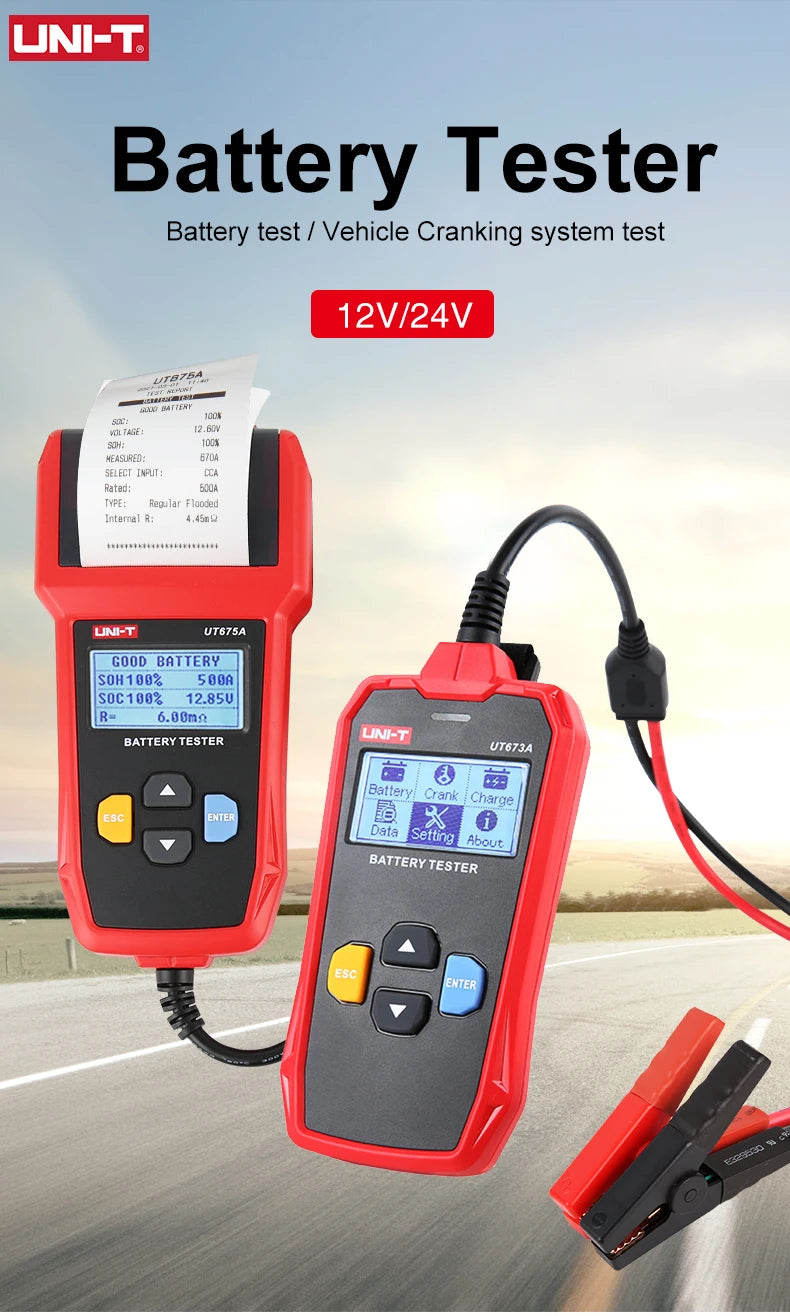 UNI-T Tester batteria per auto UT673A UT675A 12V 24V DC Tester di carico Misuratore di capacità Controllo batteria Test di avviamento del circuito di ricarica