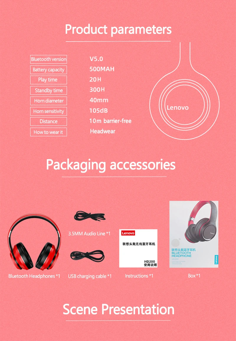 Lenovo HD200 Auricolari Bluetooth Over-ear Cuffie wireless pieghevoli per computer Cancellazione del rumore Cuffie da gioco stereo HIFI