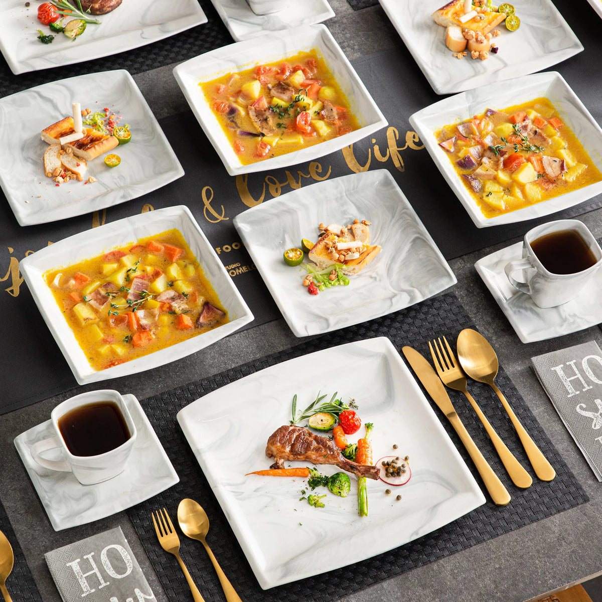 MALACASA 30/60 pz marmo grigio porcellana stoviglie Set di stoviglie con 6 pezzi Dessert/zuppa/piatto cena/tazza/piattino, servizio per 12
