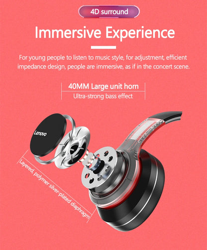 Lenovo HD200 Auricolari Bluetooth Over-ear Cuffie wireless pieghevoli per computer Cancellazione del rumore Cuffie da gioco stereo HIFI
