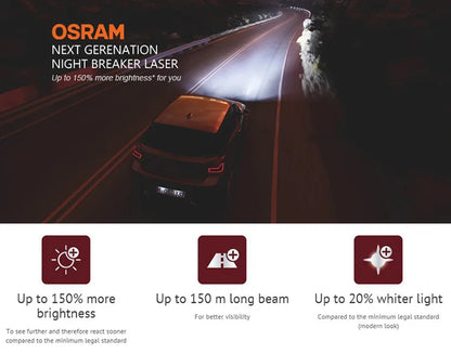 OSRAM H4 H7 H11 12V Luce alogena per auto Interruttore notturno Laser Lampade automatiche di prossima generazione + Luminosità 150% Lampadine originali, 2X