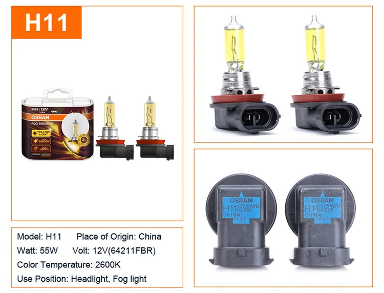 OSRAM Interruttore fendinebbia 2600K H1 H3 H4 H7 H8 H11 H16 9005 9006 Lampadine 12V Lampade alogene per auto più luminose 2 pezzi