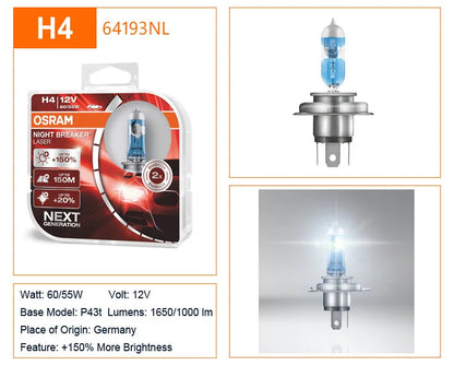 OSRAM H4 H7 H11 12V Luce alogena per auto Interruttore notturno Laser Lampade automatiche di prossima generazione + Luminosità 150% Lampadine originali, 2X