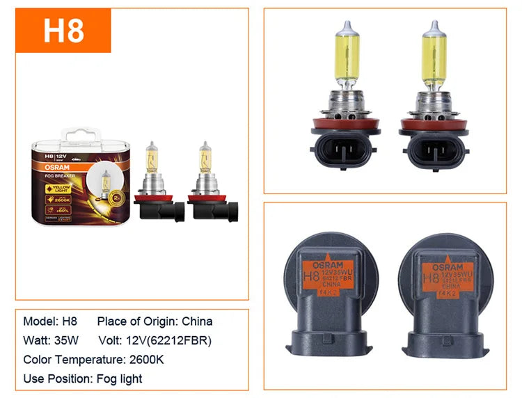 OSRAM Interruttore fendinebbia 2600K H1 H3 H4 H7 H8 H11 H16 9005 9006 Lampadine 12V Lampade alogene per auto più luminose 2 pezzi