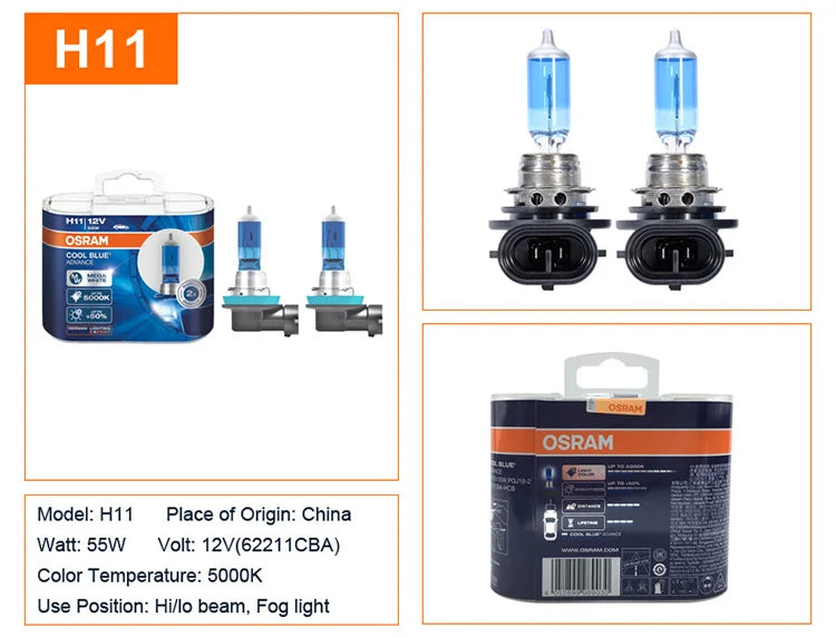 OSRAM Cool Blue Advance H4 H7 H9 H11 12V 5000K Bianco puro H1 H3 HB3 HB4 Xenon Look Auto Lampade alogene Faro originale