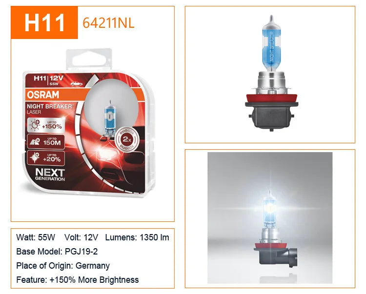 OSRAM H4 H7 H11 12V Luce alogena per auto Interruttore notturno Laser Lampade automatiche di prossima generazione + Luminosità 150% Lampadine originali, 2X