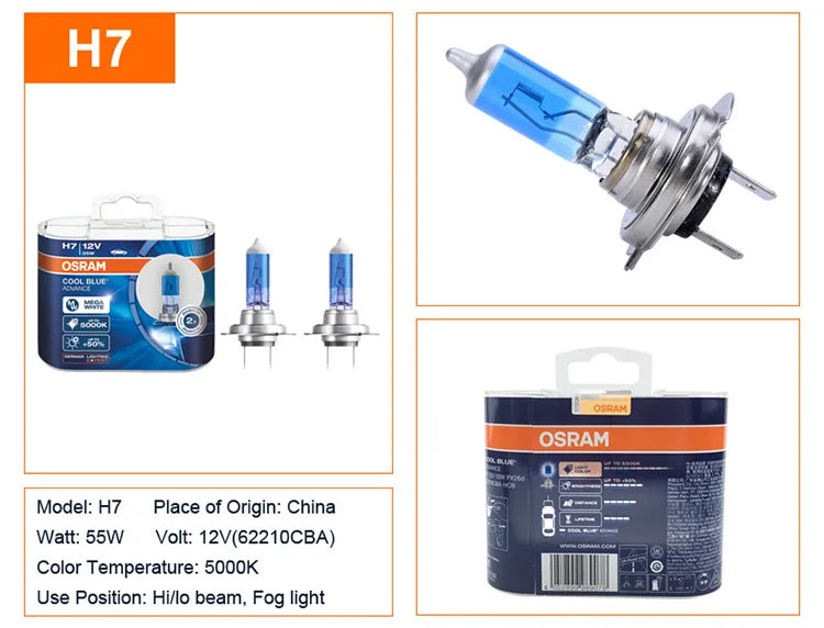 OSRAM Cool Blue Advance H4 H7 H9 H11 12V 5000K Bianco puro H1 H3 HB3 HB4 Xenon Look Auto Lampade alogene Faro originale