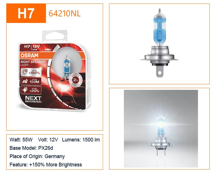 OSRAM H4 H7 H11 12V Luce alogena per auto Interruttore notturno Laser Lampade automatiche di prossima generazione + Luminosità 150% Lampadine originali, 2X