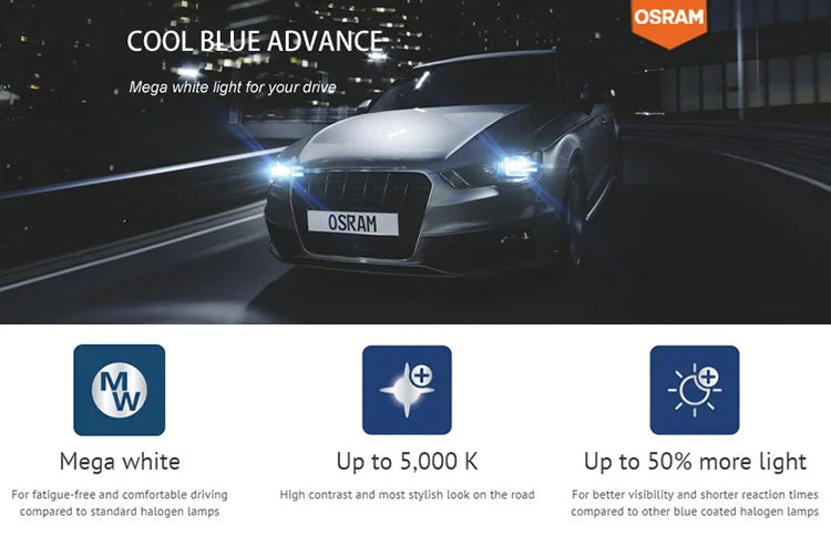 OSRAM Cool Blue Advance H4 H7 H9 H11 12V 5000K Bianco puro H1 H3 HB3 HB4 Xenon Look Auto Lampade alogene Faro originale