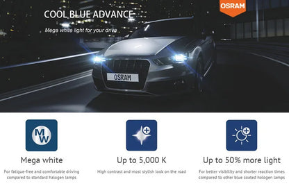 OSRAM Cool Blue Advance H4 H7 H9 H11 12V 5000K Bianco puro H1 H3 HB3 HB4 Xenon Look Auto Lampade alogene Faro originale