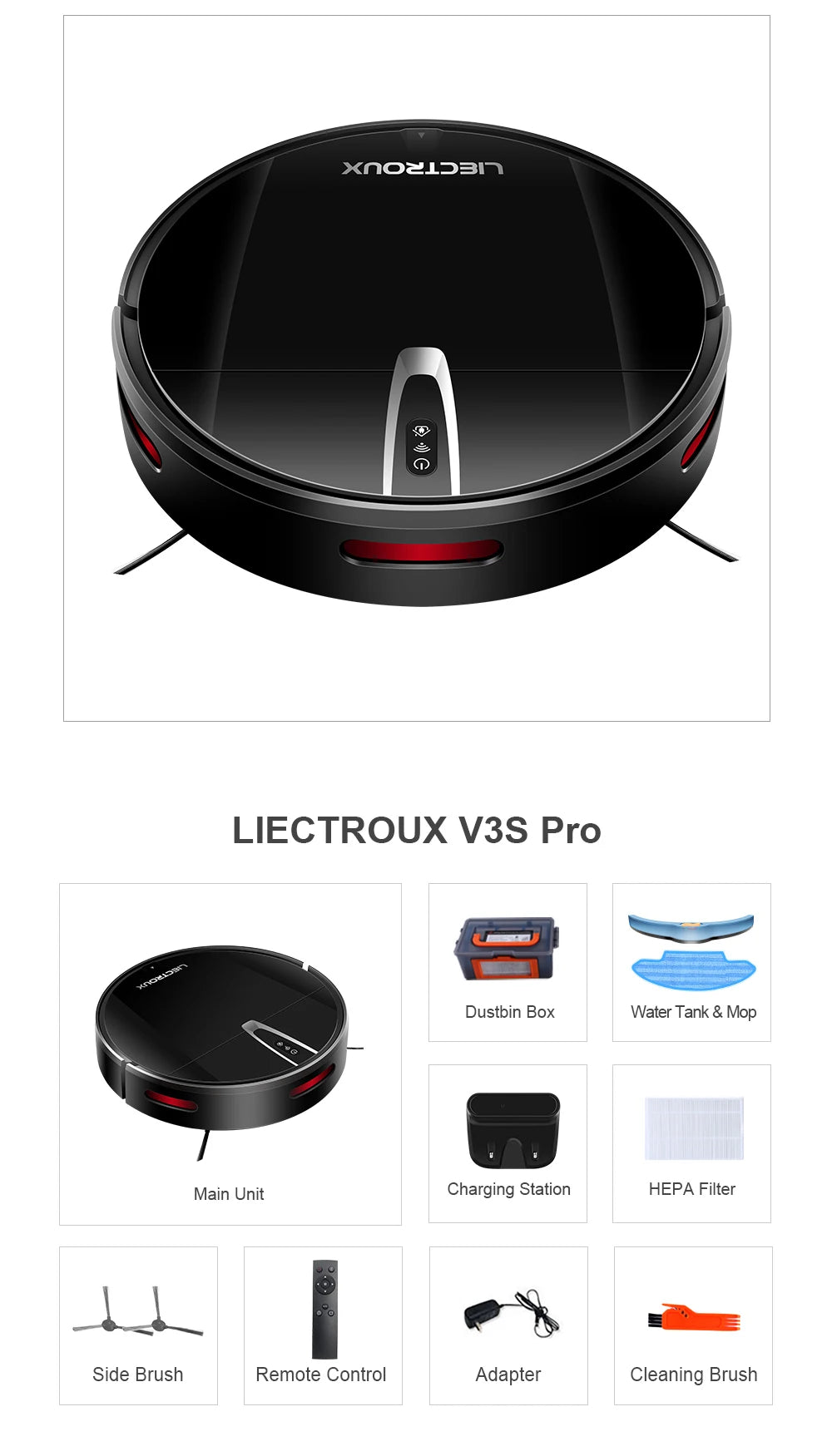 LIECTROUX V3S PRO Robot Aspirapolvere e Lavapavimenti, Mappatura Intelligente, App WiFi, 4KPa, Motore Senza Spazzole, Ideale per Peli di Animali, Tappeti, Pavimenti