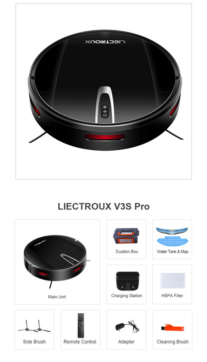 LIECTROUX V3S PRO Robot Aspirapolvere e Lavapavimenti, Mappatura Intelligente, App WiFi, 4KPa, Motore Senza Spazzole, Ideale per Peli di Animali, Tappeti, Pavimenti