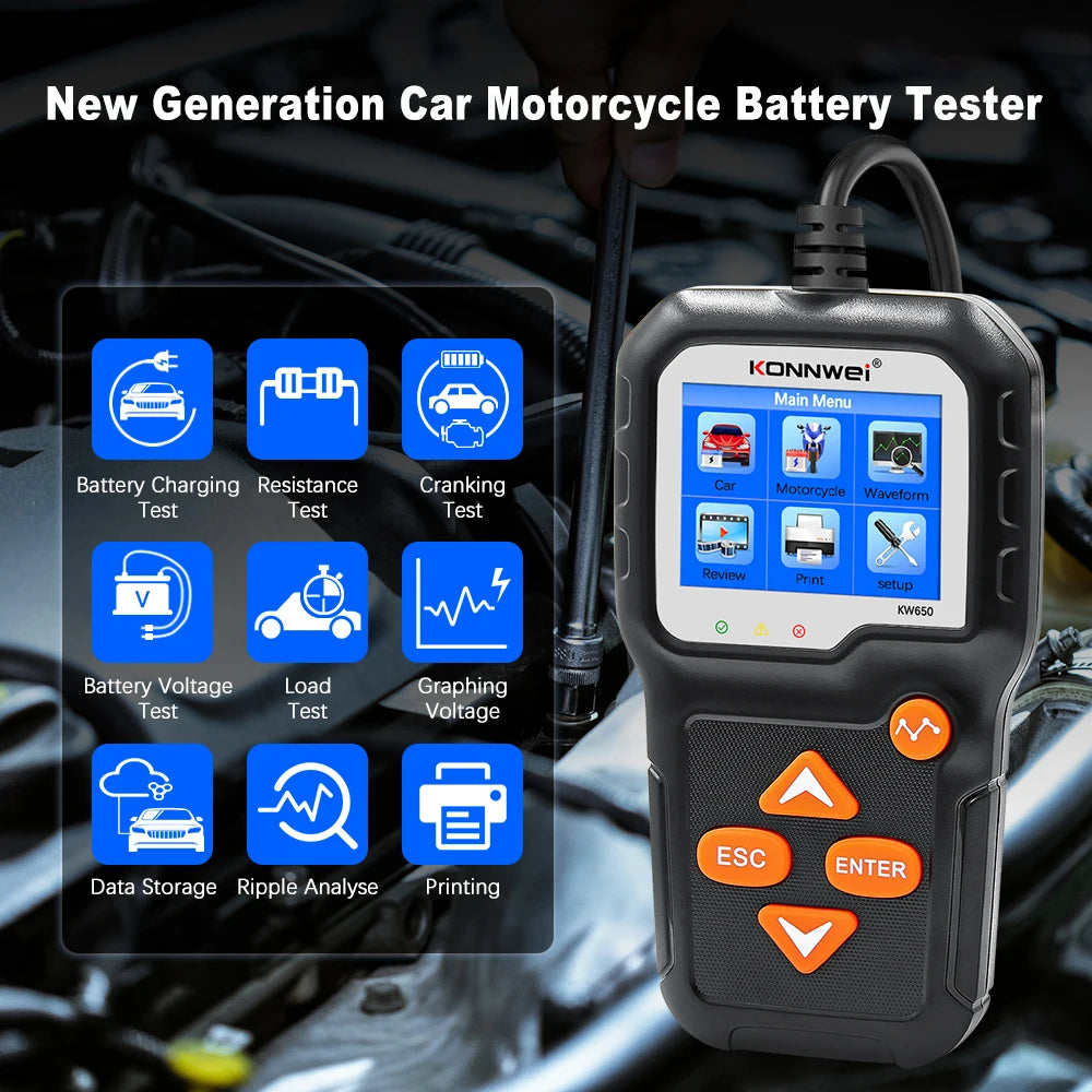 KONNWEI KW650 Tester batteria per auto 6V 12V Analizzatore automatico per auto moto da 100 a 2000 CCA Strumento di test di ricarica avviamento per auto Moto