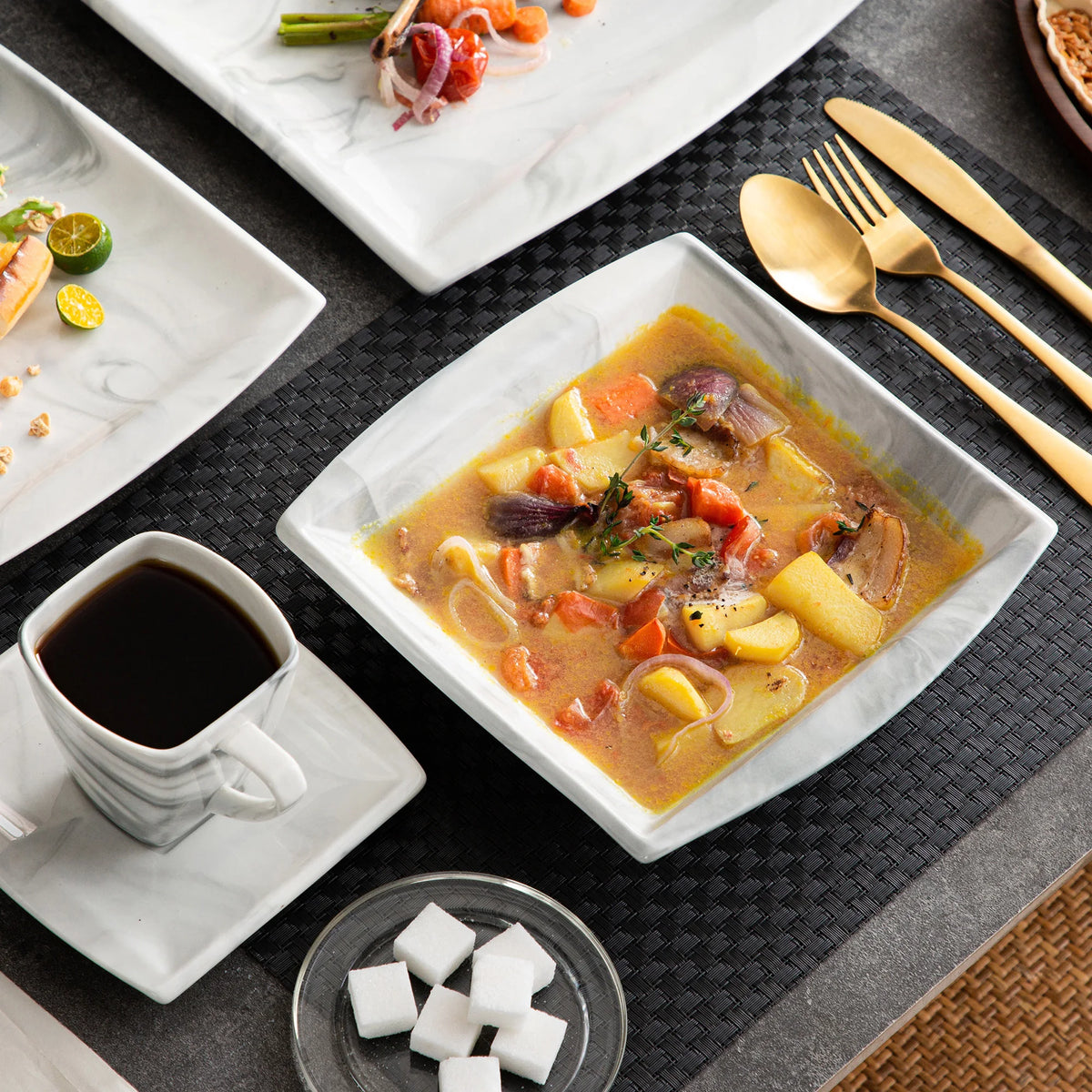 MALACASA 30/60 pz marmo grigio porcellana stoviglie Set di stoviglie con 6 pezzi Dessert/zuppa/piatto cena/tazza/piattino, servizio per 12