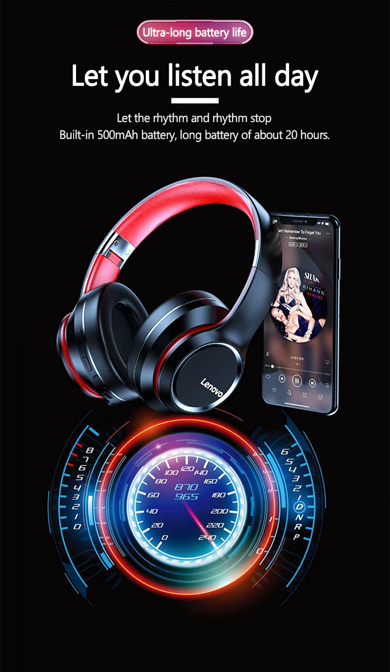 Lenovo HD200 Auricolari Bluetooth Over-ear Cuffie wireless pieghevoli per computer Cancellazione del rumore Cuffie da gioco stereo HIFI