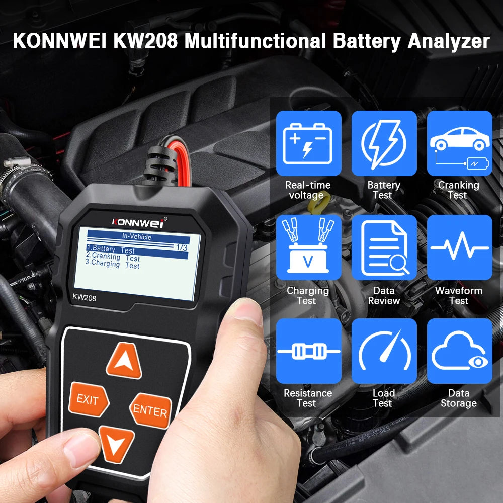 KONNWEI KW208 Tester per batteria per auto 12V Tester di carico analizzatore per alternatore automobilistico Test di tensione per forme d'onda per auto/moto