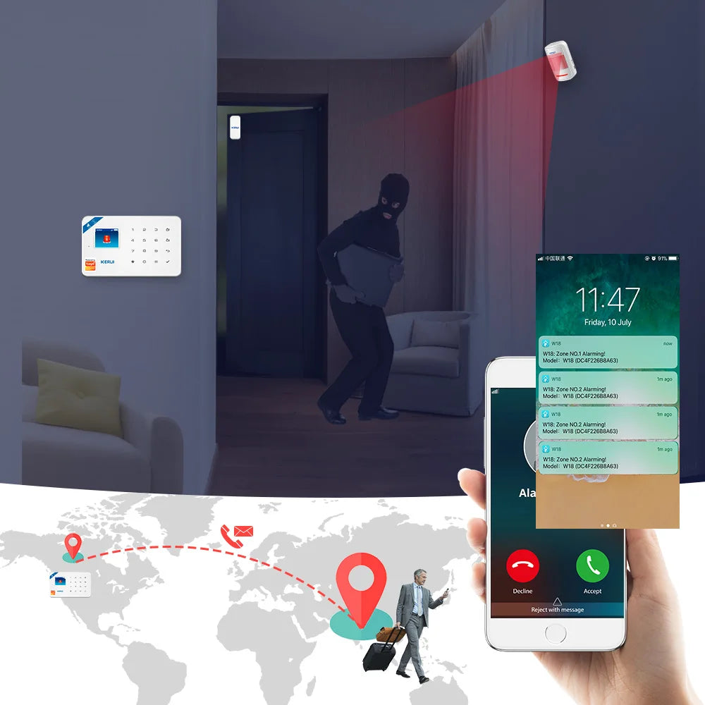 KERUI W184 Tuya Smart 4G Sistema di Allarme Wireless WIFI GSM Allarme Rilevatore di Movimento Sensore Porta Antifurto Supporto Alexa e Google