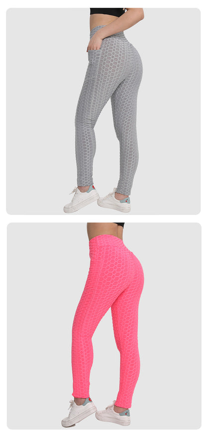 Amazon European and American Leggings Peach Fitness Pants High Waist Hip Leggings Pocket Jacquard Bubble Yoga Pants