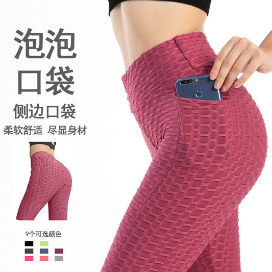 Leggings da fitness color pesca, a vita alta, con tasche, in jacquard, modello a bolle, pantaloni da yoga