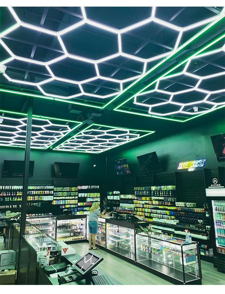 14 griglie con telaio luci da garage esagonali 6500K 672W a nido d'ape led per officina barbiere palestra soffitto negozio seminterrato