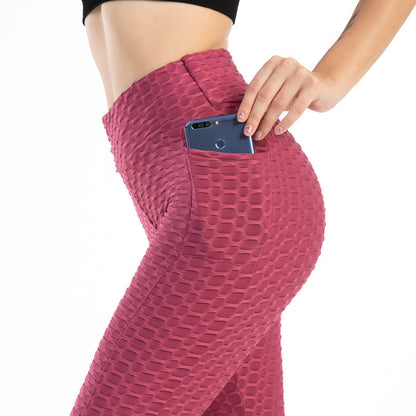 Amazon European and American Leggings Peach Fitness Pants High Waist Hip Leggings Pocket Jacquard Bubble Yoga Pants
