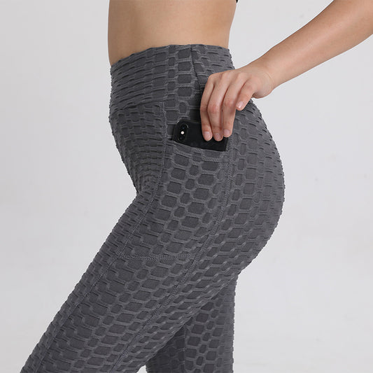 Leggings da fitness color pesca, a vita alta, con tasche, in jacquard, modello a bolle, pantaloni da yoga