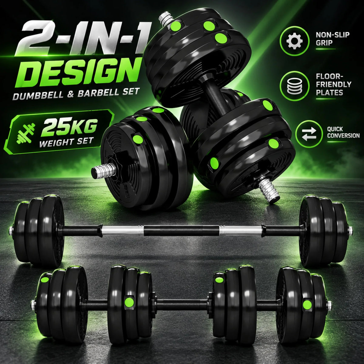 Set di manubri e bilancieri regolabili da 25 kg, 2 in 1, attrezzi per l’allenamento della forza con manici antiscivolo e dischi in plastica per l’uso in palestra domestica, per esercizi di fitness, allenamento muscolare e
