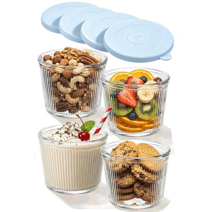 Set di 4/6 Piccole Ciotole in Vetro con Coperchio, Contenitori Impilabili in Vetro Trasparente a Righe per Dessert, Budini, Salse, Salse Piccanti, Noci, Avena, Caramelle, Dolciumi