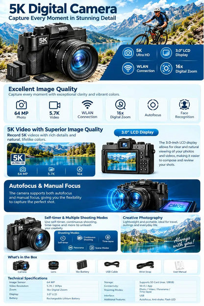 Fotocamera digitale NBD 5K 64MP, 180 ° Fotocamera per Vlogging con Schermo Ribaltabile, Anti-Shake, Zoom 16X, WiFi, Scheda TF da 64GB Inclusa