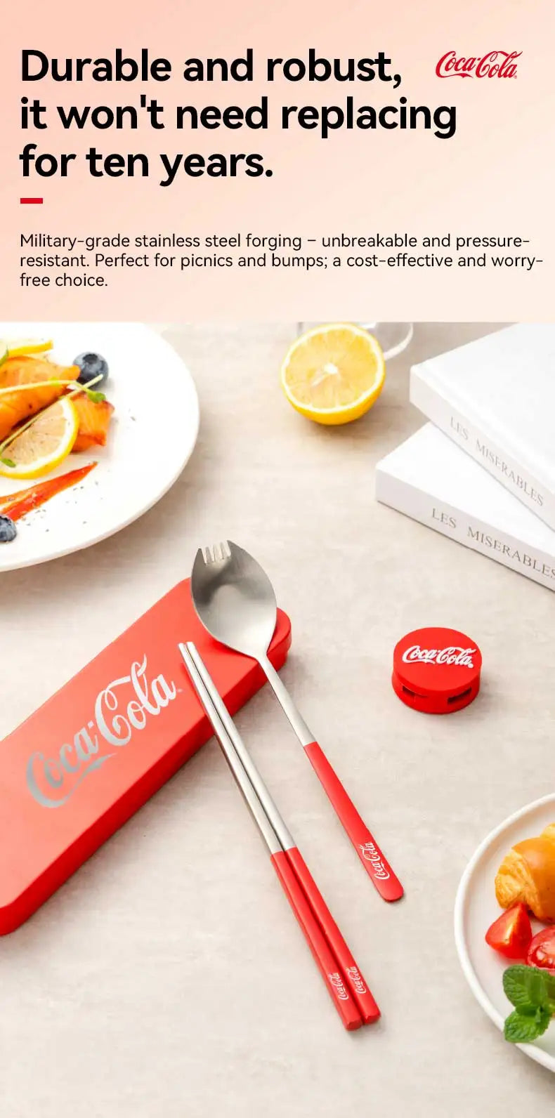 Set di posate portatili Coca Cola in acciaio inossidabile 304, forchetta e cucchiaio da viaggio con custodia per campeggio, picnic, cucina all'aperto, idea regalo