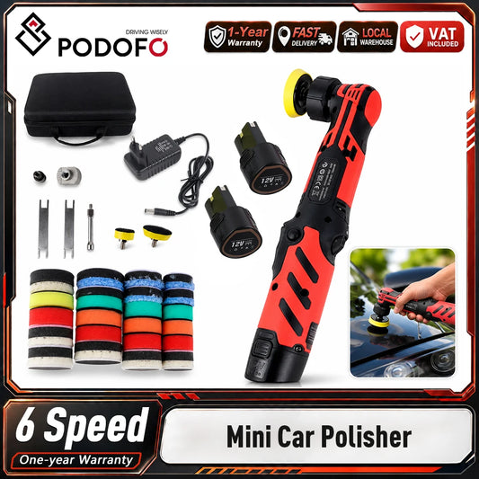 Lucidatrice portatile senza fili Podofo, 12V, mini lucidatrice per la cura dei dettagli dell'auto, strumento per la correzione della vernice, 6 velocità regolabili, 2500-6000 giri/min, lucidatrice orbitale per la lucidatura