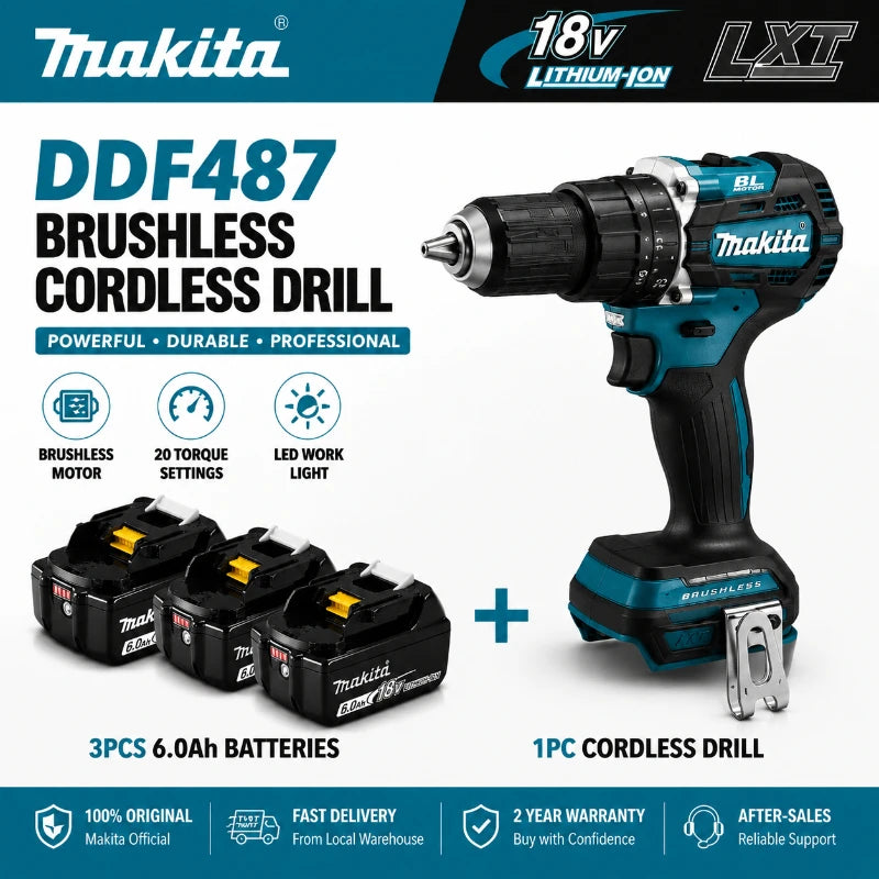 Trapano Avvitatore a Batteria Makita 18V LXT Brushless DDF487 10mm ad Alta Coppia + Batteria BL1860B BL1840 - Spedizione Veloce da Magazzino EU